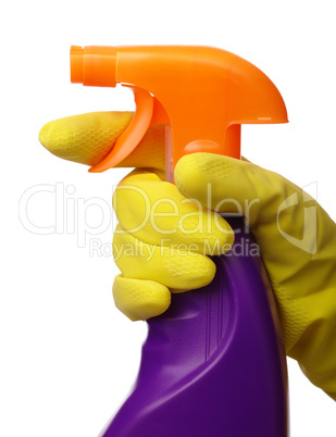 Hand holds sprayer with chemical cleaner