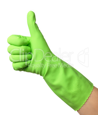 Hand wearing rubber glove shows thumb up sign