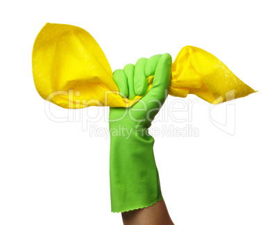 Hand in rubber glove holds cleaning rag