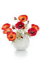 The image of a bouquet of artificial poppies in a vase, isolated