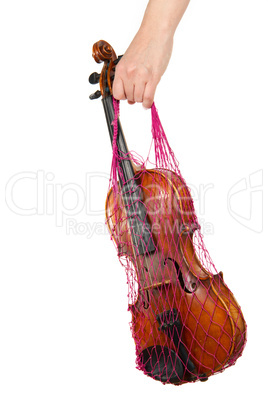 Female hand holding a red mesh with the violin, isolated, on a w