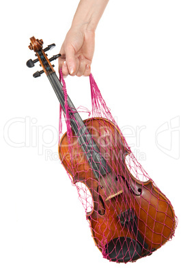 Female hand holding a red mesh with the violin, isolated, on a w