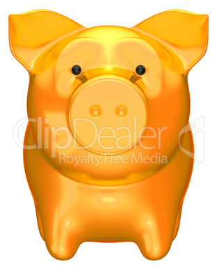 Golden piggy bank front view isolated