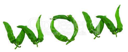 WOW text composed of green peppers