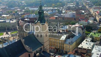 Aerial view over the roof of Lviv, Ukraine (HD)