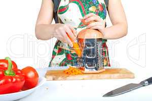 Woman grating carrot isolated on white