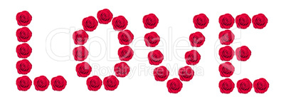 Love inscription from red rose buds isolated on white