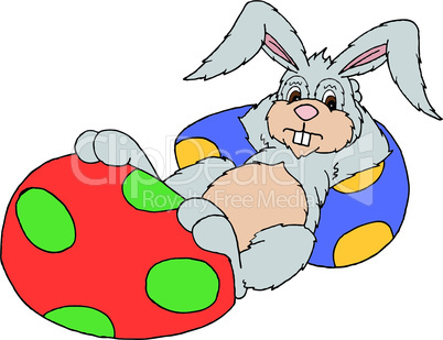 vector illustration of an easter bunny laying on easter eggs