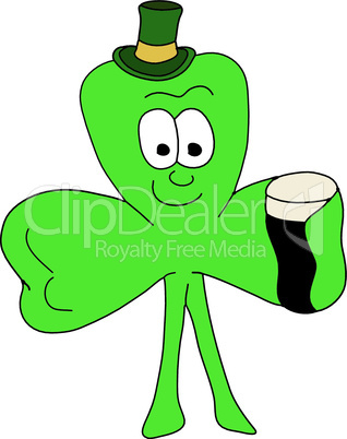 Vector illustration of a smiling 3 leafed clover with a beer