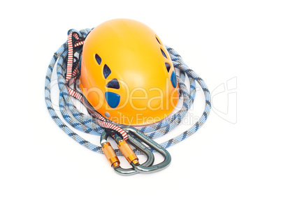 carabiners, orange helmet and rope