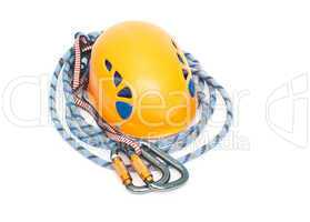 carabiners, orange helmet and rope