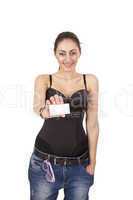 Cheerful pretty young girl with empty business card