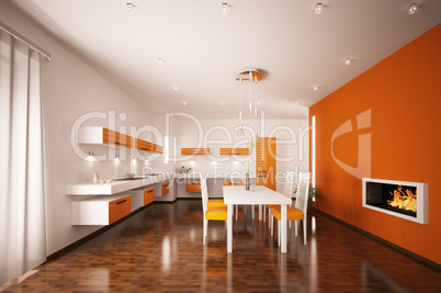 Interior of modern kitchen with fireplace 3d render
