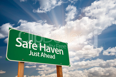 Safe Haven Green Road Sign and Clouds