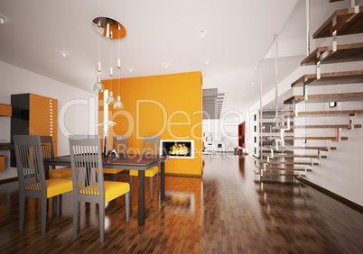 Interior of modern orange kitchen 3d render