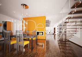 Interior of modern orange kitchen 3d render