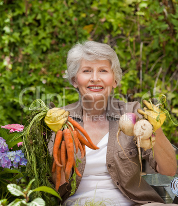 Retired woman working in the garden