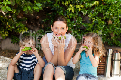 Happy family picnicking in the garden