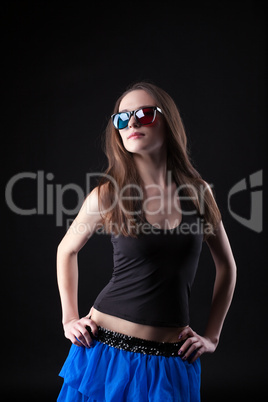 Beauty girl dance disco in anaglyph glasses
