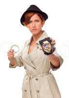Red Haired Female Detective With Handcuffs and Badge In Trenchco