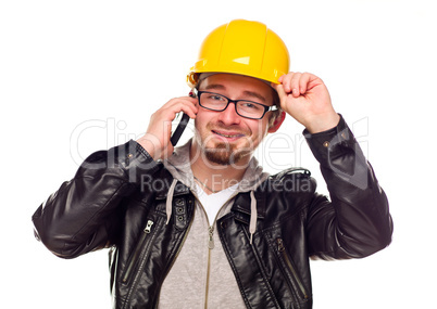 Handsome Young Man in Hard Hat on Phone