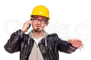 Handsome Young Man in Hard Hat on Phone