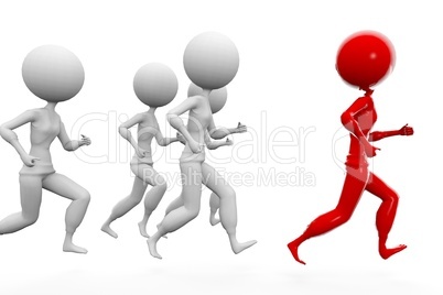 3d white humans running with a red human