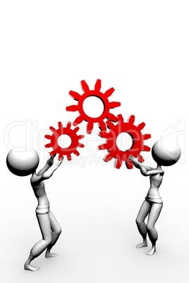 two 3d humans keep gears in hand