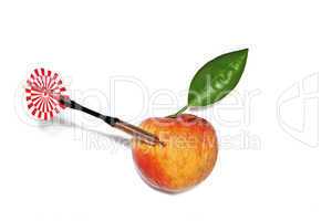 Dart hit yellow and red apple with green leaf