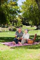Elderly couple  picnicking in the garden
