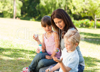 Family blowing bubbles in the park