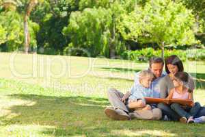 Family looking at their photo album in the park