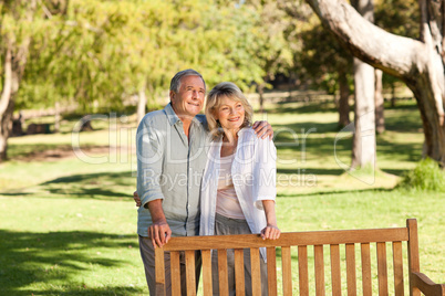 Portrait of a lovely couple behind the bench