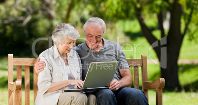 Elderly couple looking at their laptop