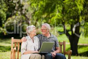 Elderly couple looking at their laptop