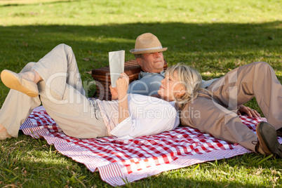 Woman reading while her husband is sleeping in the park