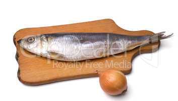 Herring and onion on white background