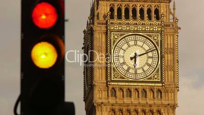 big ben clock face with traffic lights