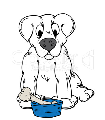 Cartoon Dog and Bone In Bowl