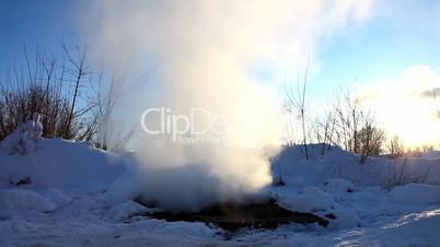 winter power conservation - steam of hot water in Russia