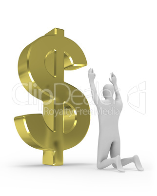 3D man worships big dollar sign