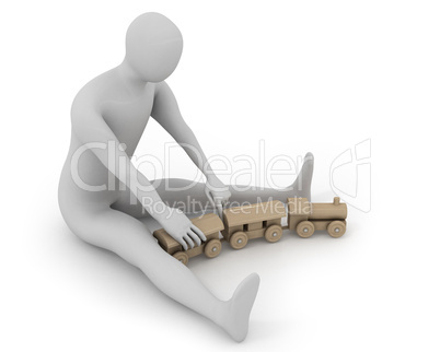 3D white man plays with wooden train