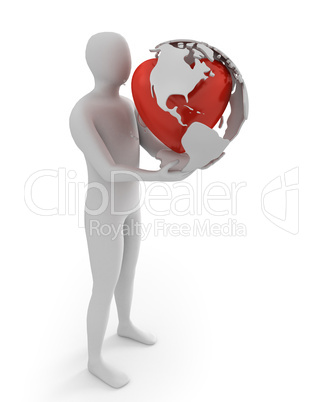 White man holds globe with heart, America part