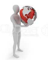 White man holds globe with heart, America part
