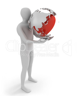 White man holds globe with heart, Asia part