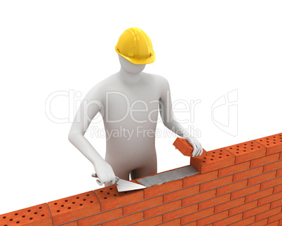 3D white builder lays bricks
