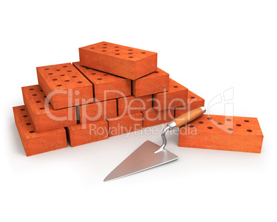 Trowel and stack of bricks isolated on white