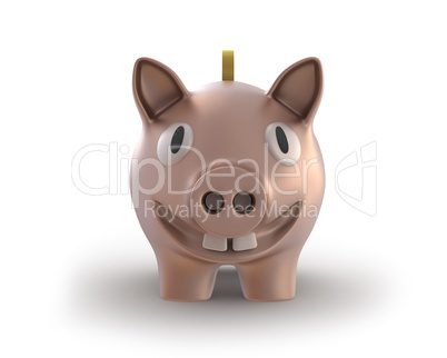 Piggy bank with a coin smiling front view