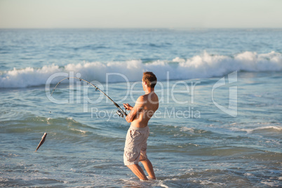 Active man fishing