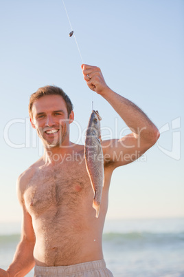 Active man fishing